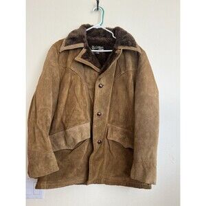 Vintage Sears Leather Shop Jacket Mens Suede Coat Size 46 Faux Fur‎ Sherpa Lined